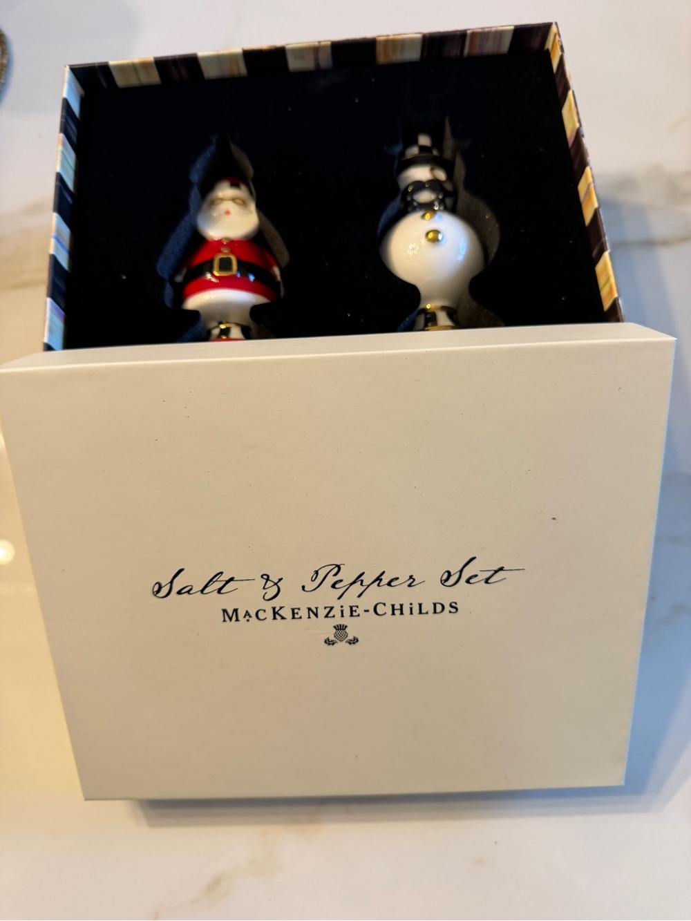 MacKenzie-Childs Santa & Snowman Salt & Pepper Set - Red, White, Black